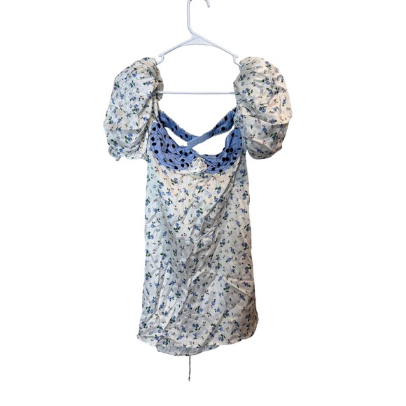 NWT For Love & Lemons Mini Dress XS White Blue Floral Polka Dot Puff Sleeve NWT For Love & Lemons Mini Dress XS White Blue Floral Polka Dot Puff Sleeve